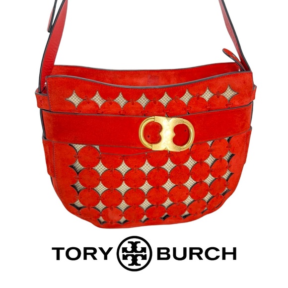 Tory Burch Handbags - Rare Tory Burch Gemini Link Suede Shoulder Bag Red Gold Hardware – Showstopper